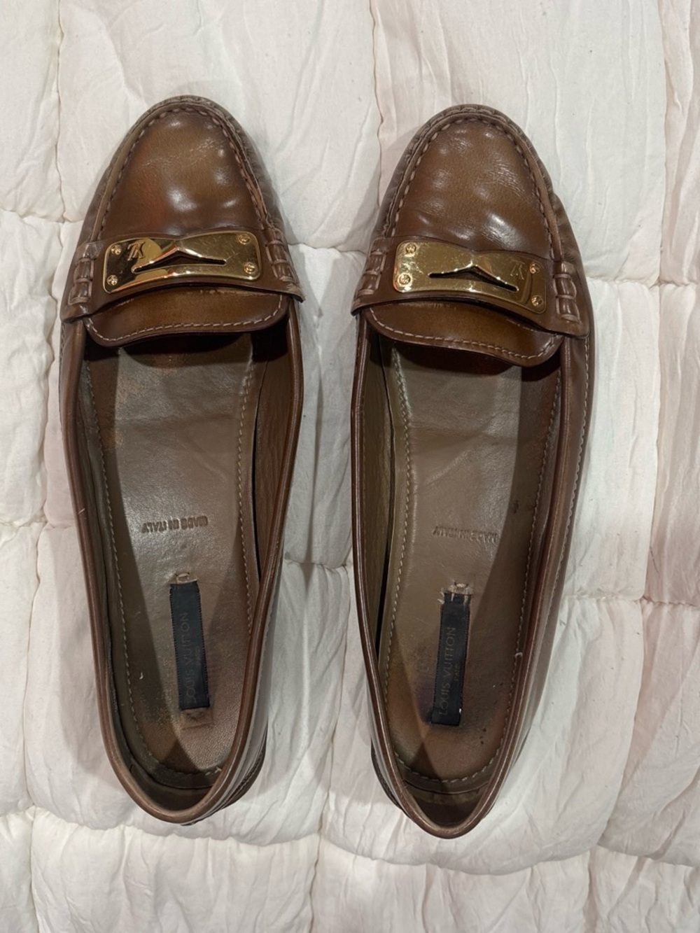 Louis Vuitton Women’s Leather Moccasin Loafers with Gold Accent